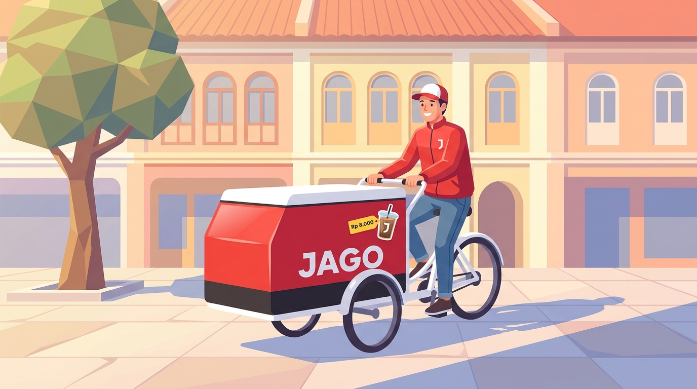 Kurir Kopi Jago mendorong sepeda kotak merah di trotoar Jakarta